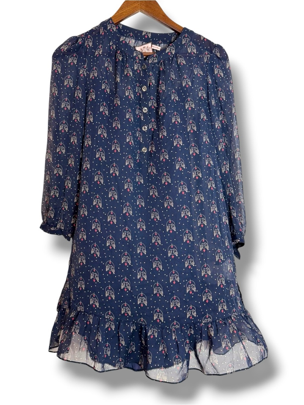 JUICY COUTURE Love Bird Dress SZ 4  Ruffle Hem Navy Blue Sheer 100% Silk NEW
